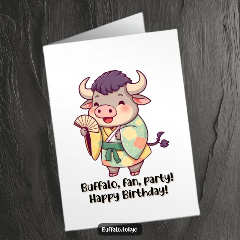 Funny Free Printable Birthday Card of a plump buffalo in a colorful kimono playfully tossing a fan, bringing festive cheer and humor.