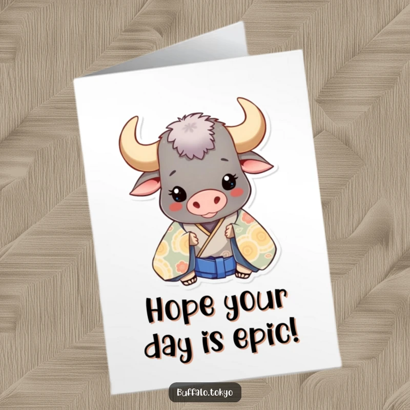 Funny Free Printable Birthday Card: A cheerful buffalo character playfully peeks from behind a large, vibrant, patterned kimono.