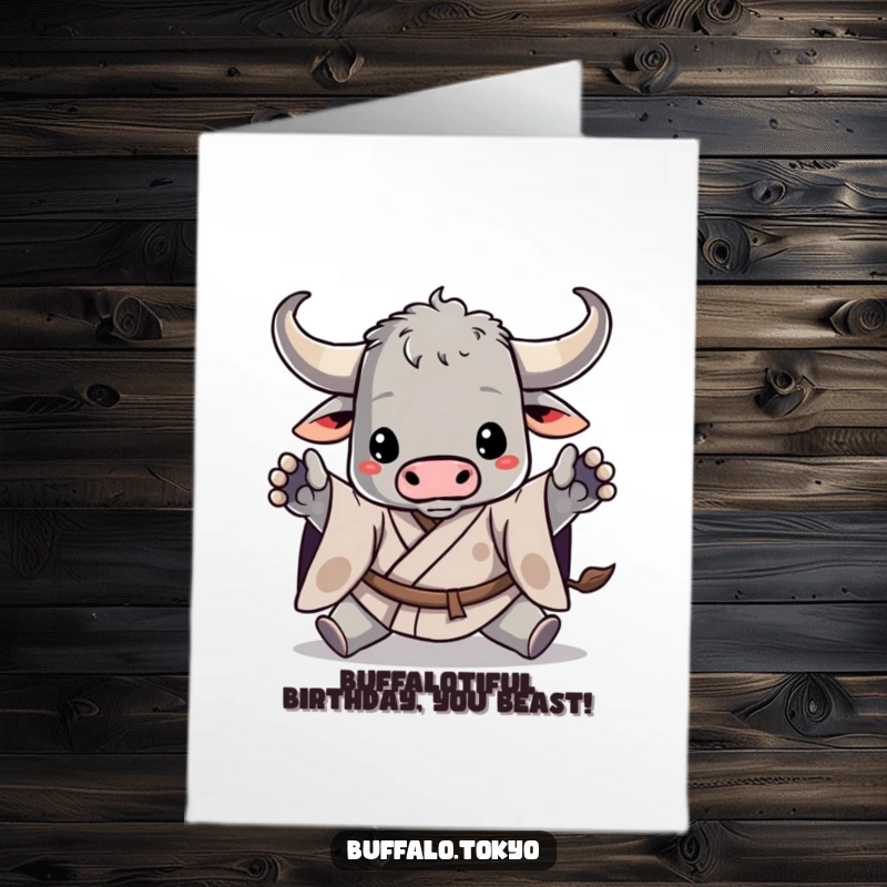 Funny Free Printable Birthday Card: Stylized Buffalo in Kimono Striking a Dynamic Karate Pose, Ready to Party!