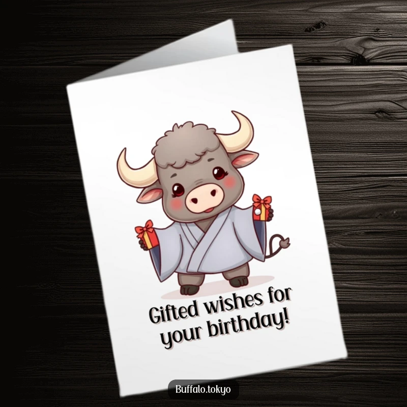 Funny Free Printable Birthday Card: Friendly Buffalo in Kimono Offering a Decorated Gift Box, Spreading Birthday Joy!