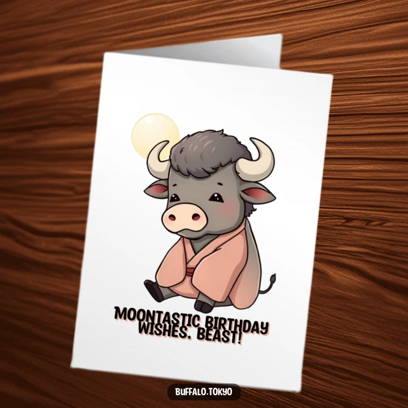 Funny Free Printable Birthday Card: Contented Buffalo in Kimono Gazing Peacefully at a Stylized Moon, Wishing Happy Birthday!