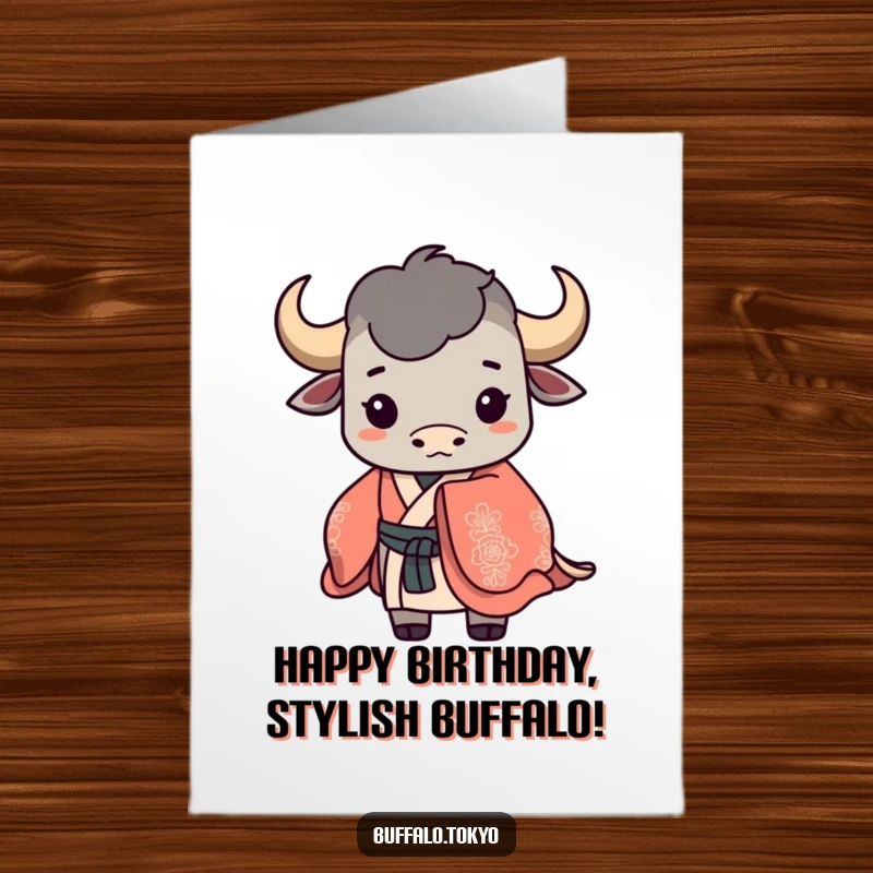 Funny Free Printable Birthday Card of a stylized buffalo silhouette wearing a flowing, ornate kimono, offering elegant birthday wishes.