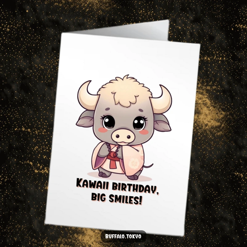 Funny Free Printable Birthday Card of a kawaii buffalo with wide eyes, holding a delicate kimono sleeve, bringing maximum cuteness.