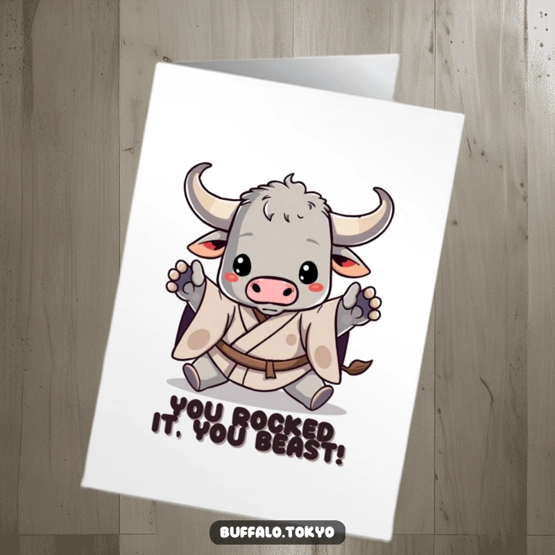 Funny Free Printable Congratulations Card: Buffalo Warrior in Kimono Striking a Powerful Victory Pose, Celebrating Success!