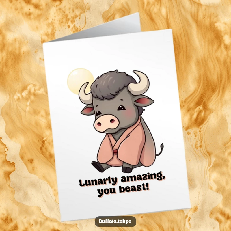 Funny Free Printable Congratulations Card: Contented Buffalo in Kimono Gazing at the Moon, Celebrating a Quiet Victory!