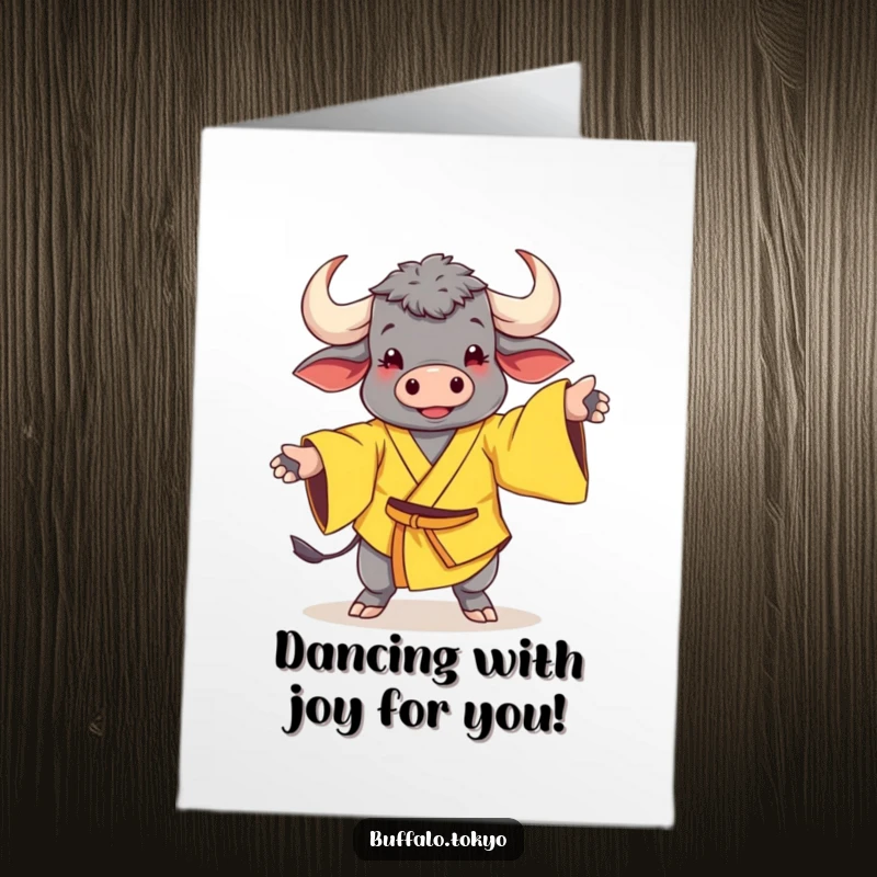 Funny Free Printable Congratulations Card: a cheerful buffalo in a yellow kimono with wide sleeves dances.