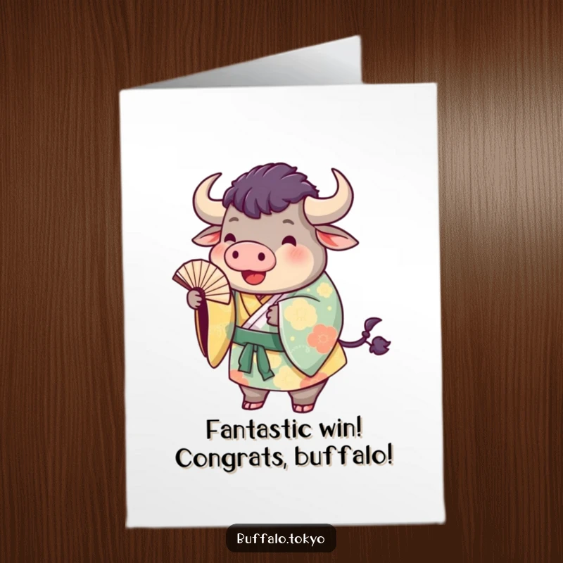 Funny Free Printable Congratulations Card of a plump buffalo in a colorful kimono, playfully tossing a fan, celebrating success with charm.