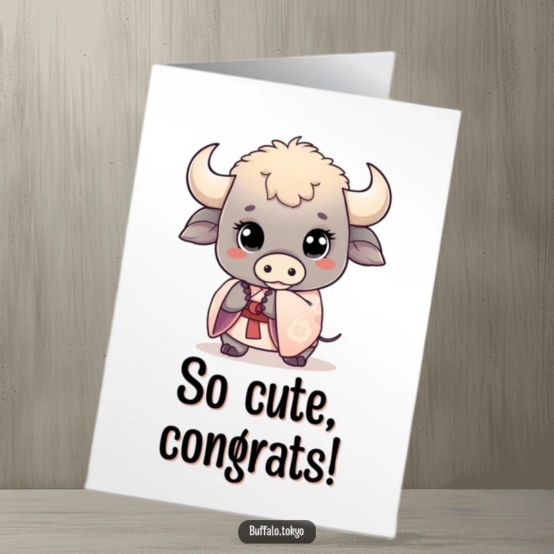 Funny Free Printable Congratulations Card of a kawaii buffalo with wide eyes, holding a kimono sleeve, celebrating achievements with sweetness.