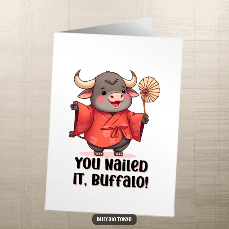 Funny Free Printable Congratulations Card with a plump, round buffalo in a red kimono celebrating with a paper fan.