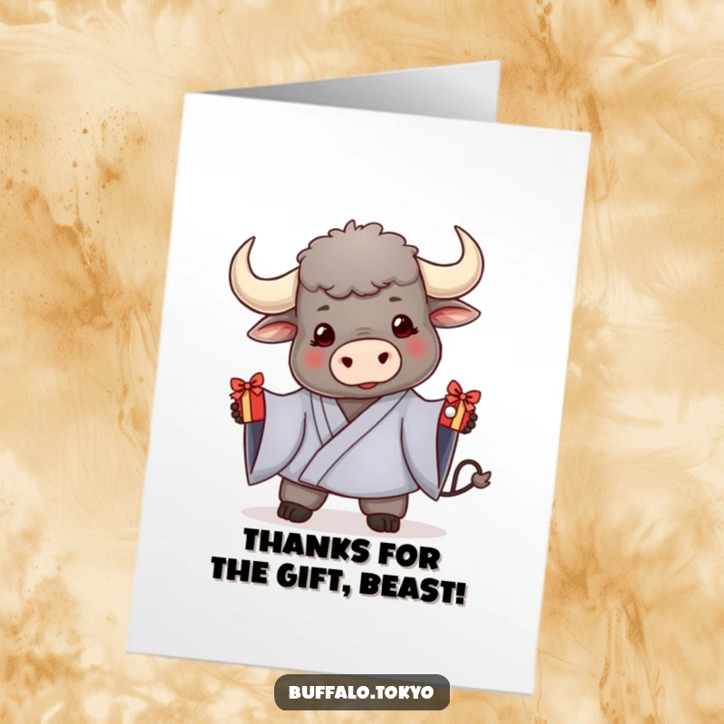 Funny Free Printable Thank You Card: Friendly Buffalo in Kimono Offering a Decorated Gift, Expressing Thanks with a Warm Heart!