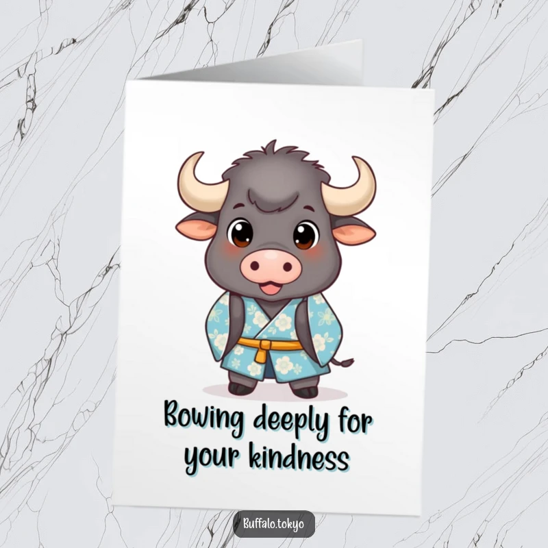 Funny Free Printable Thank You Card: a stout buffalo in a blue kimono bows deeply in gratitude.