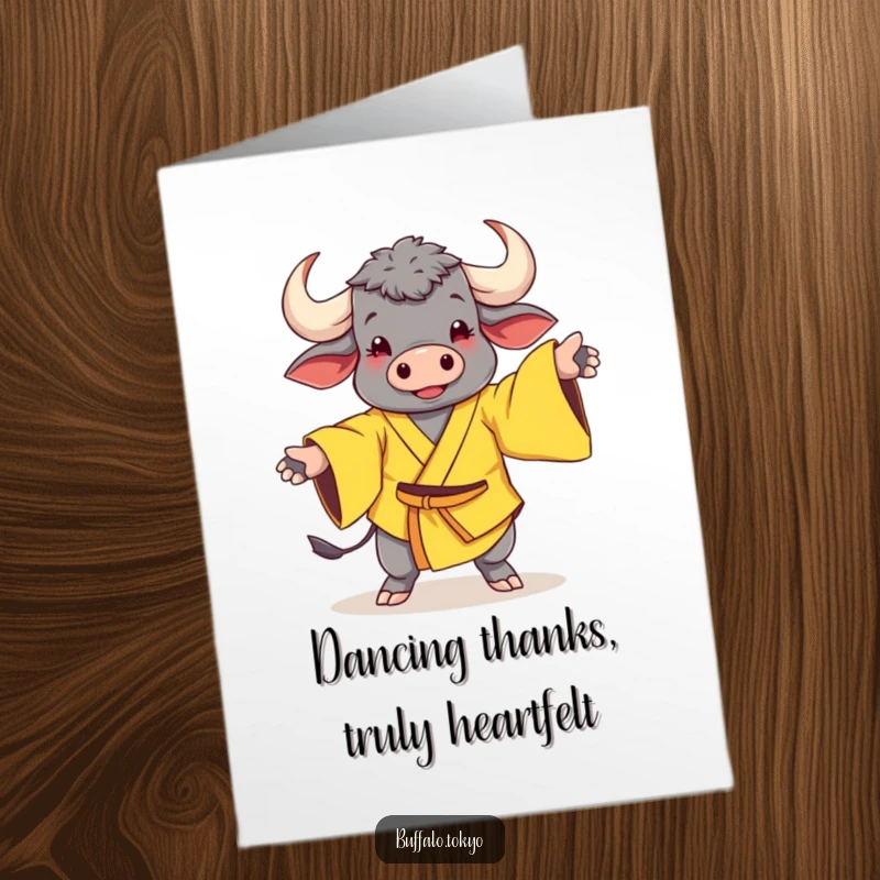 Funny Free Printable Thank You Card: a cheerful buffalo in a yellow kimono strikes a whimsical dance pose.