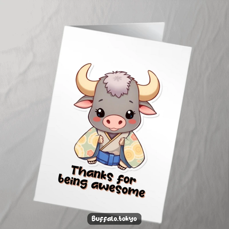 Funny Free Printable Thank You Card: A friendly buffalo character peeking from behind a large, richly patterned kimono, expressing thanks.