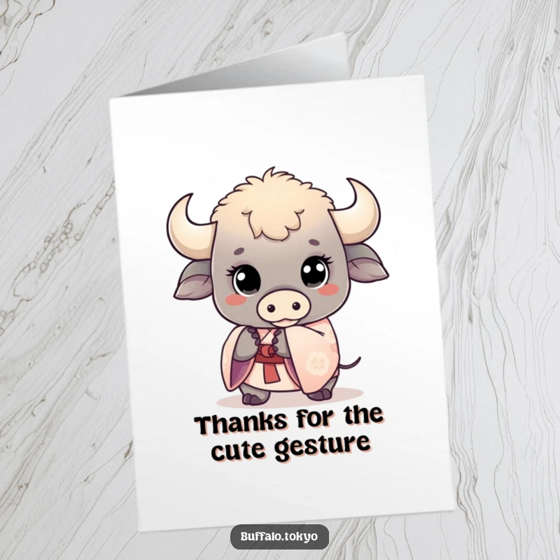 Funny Free Printable Thank You Card featuring a kawaii buffalo with wide eyes, holding a delicate kimono sleeve, expressing thanks adorably.
