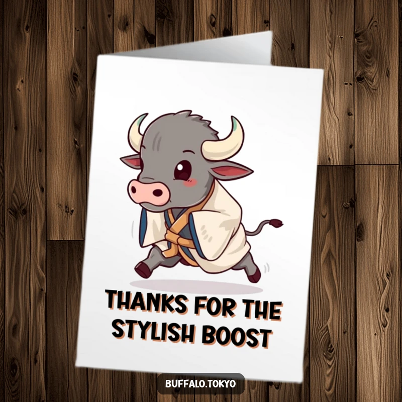 Funny Free Printable Thank You Card: Gracious buffalo in a sophisticated kimono, bowing elegantly to express sincere gratitude.