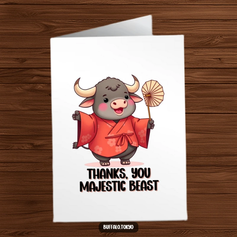 Funny Free Printable Thank You Card featuring a plump, round buffalo in a red kimono twirling a fan.