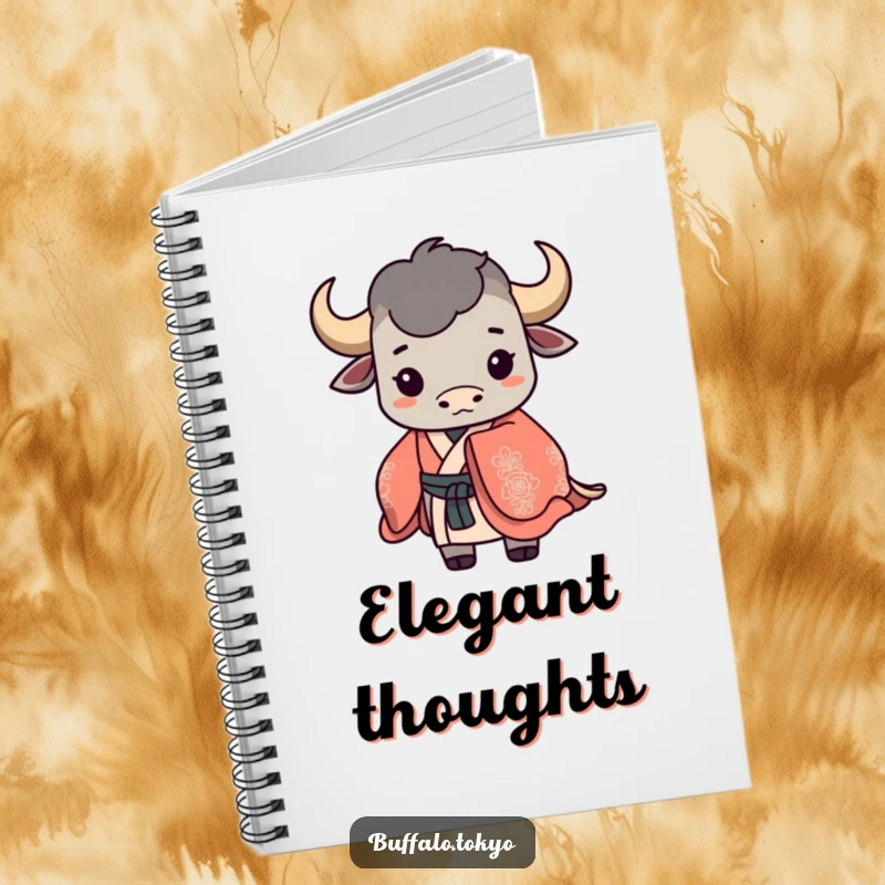 Funny buffalo silhouette notebook featuring a stylized buffalo wearing a flowing, ornate kimono on its cover.