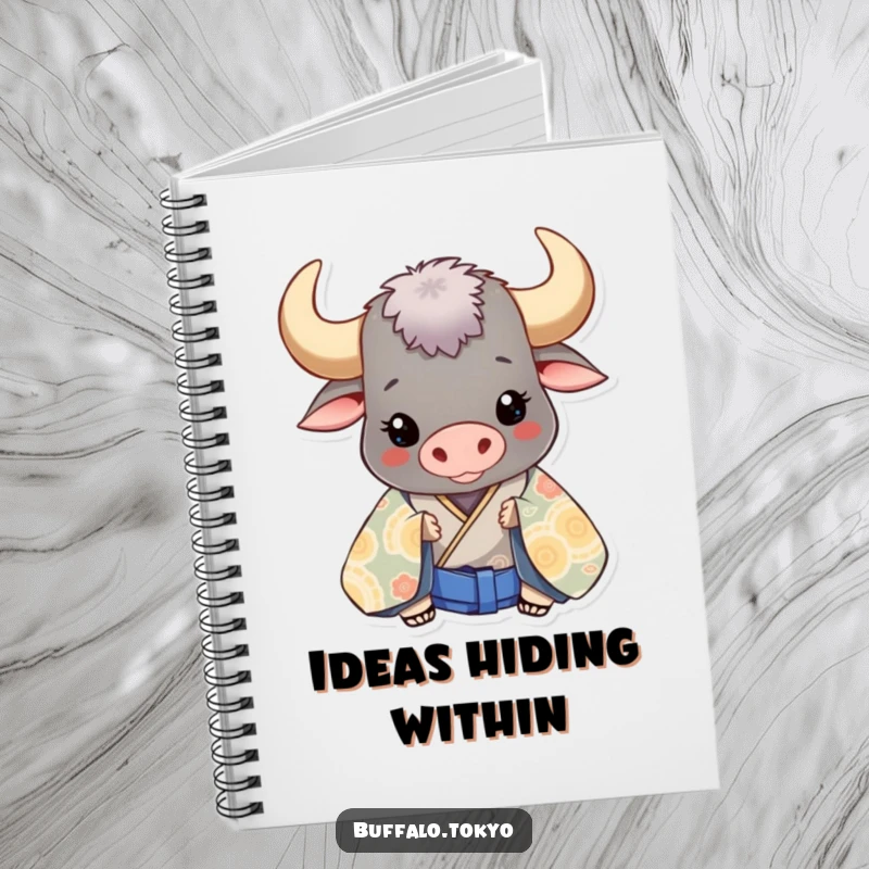 Funny buffalo character peeking from behind a patterned kimono, featured on a humorous notebook.