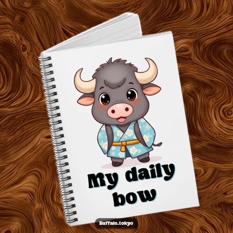 Funny Notebook: A stout buffalo wearing a blue floral kimono, bowing politely, perfect for jotting notes.