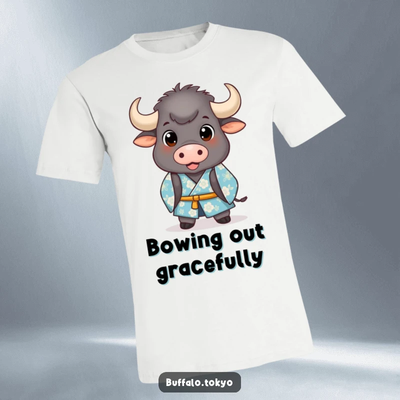 Funny T-Shirt: A stout, happy-eyed buffalo in a blue floral kimono performing a dignified and amusing bow.