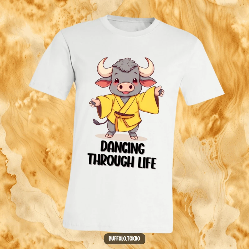 Funny T-Shirt: A cheerful buffalo in a yellow kimono with wide sleeves performing a whimsical dance move.