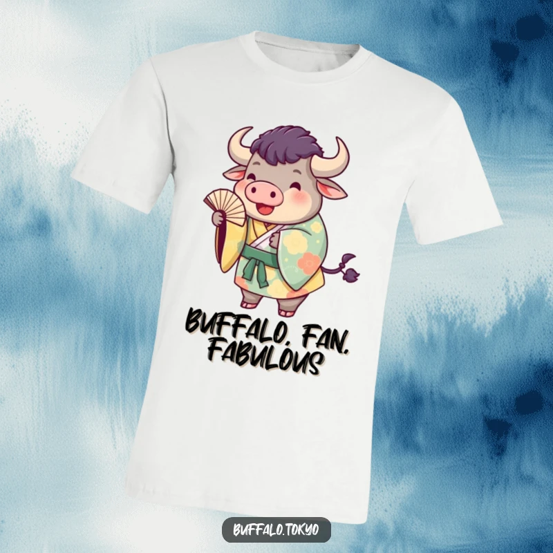 Funny t-shirt featuring a plump buffalo dressed in a colorful kimono, playfully tossing a fan with a cheerful expression.