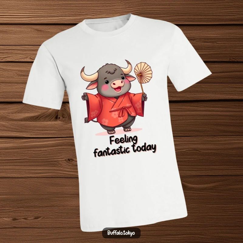 Funny Buffalo Kimono T-Shirt featuring a plump, round buffalo dressed in a vibrant red kimono, happily twirling a delicate paper fan.