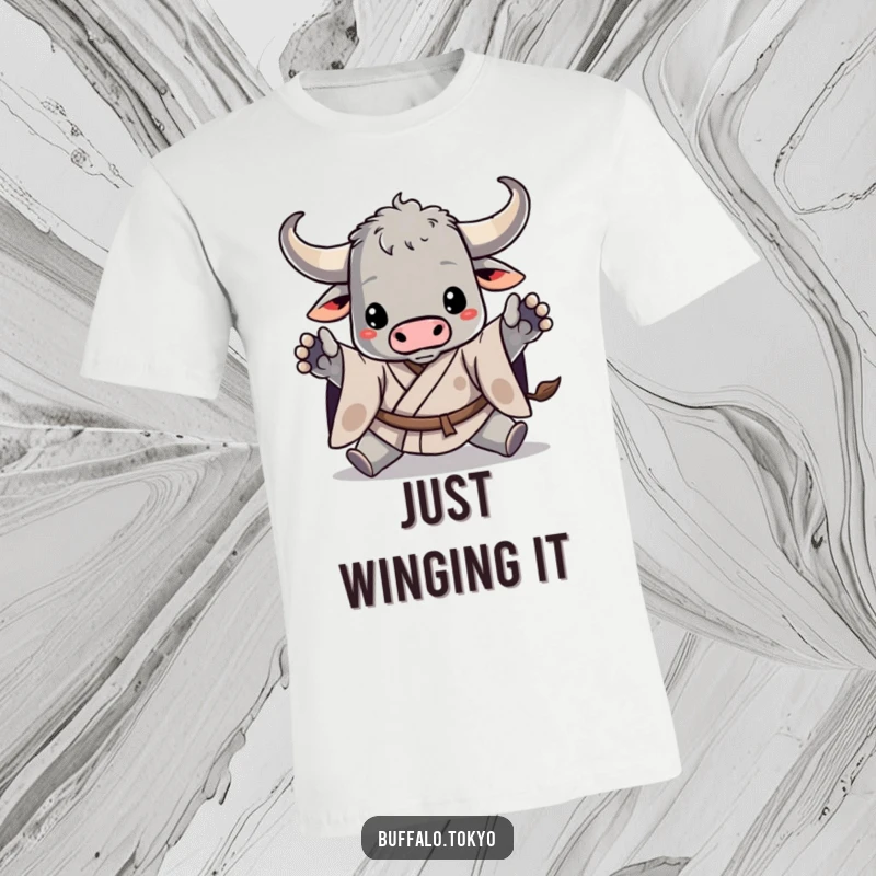 Funny t-shirt with a stylized buffalo in a martial arts kimono, striking a dynamic pose with paws extended, showcasing bravery and humor.