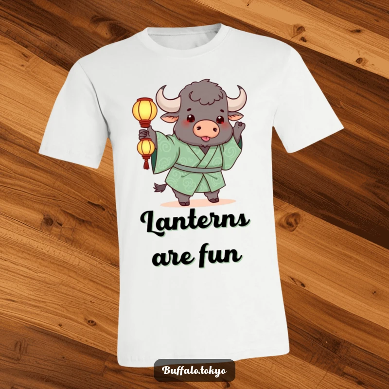 Funny T-Shirt: A chunky buffalo in a green patterned kimono playfully tossing a small, illuminated lantern.