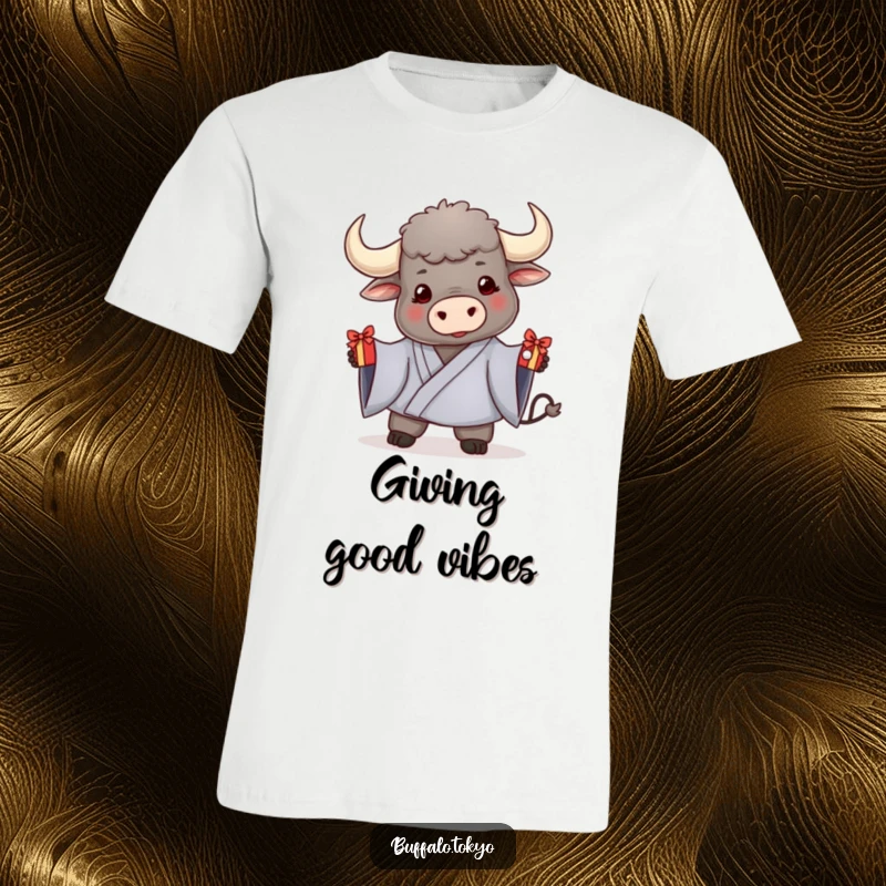 Funny t-shirt depicting a friendly buffalo in a kimono, presenting a small, decorated gift, showcasing a spirit of generosity.