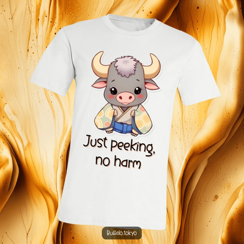 Funny buffalo character peeking out from a large, patterned kimono, a humorous t-shirt design.