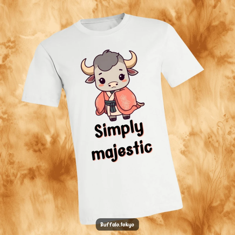 Funny t-shirt displaying a stylized buffalo silhouette wearing a flowing, ornate kimono. Perfect for art and culture enthusiasts.