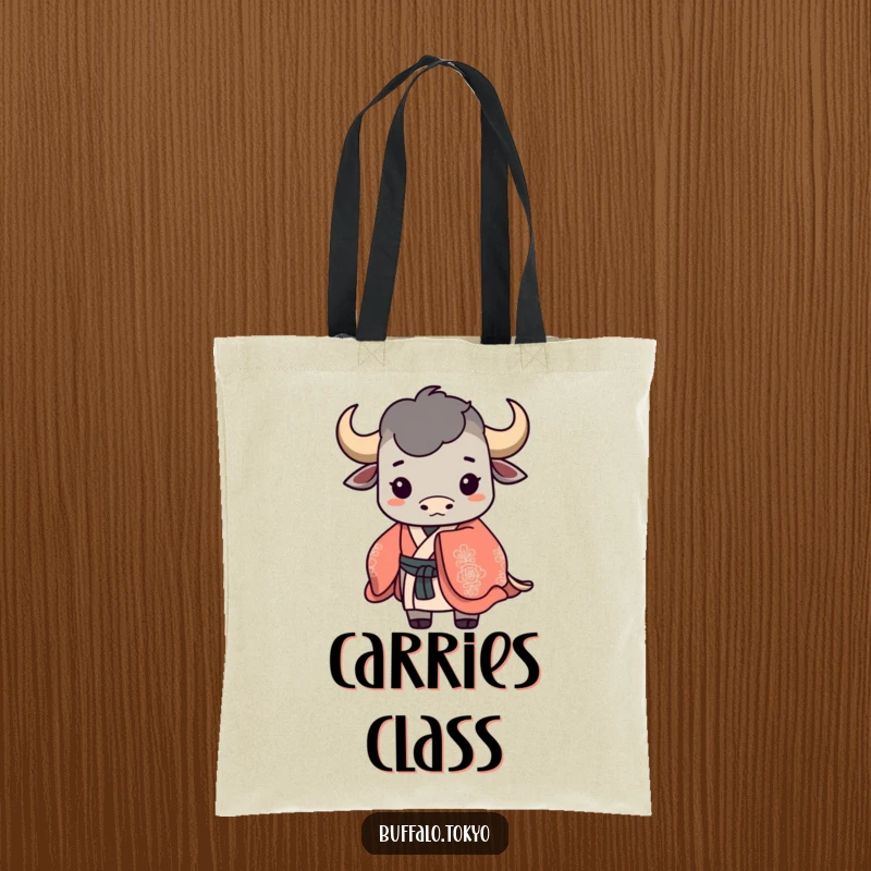 Funny buffalo silhouette tote bag showcasing a stylized buffalo wearing a flowing, ornate kimono. Chic and artistic.