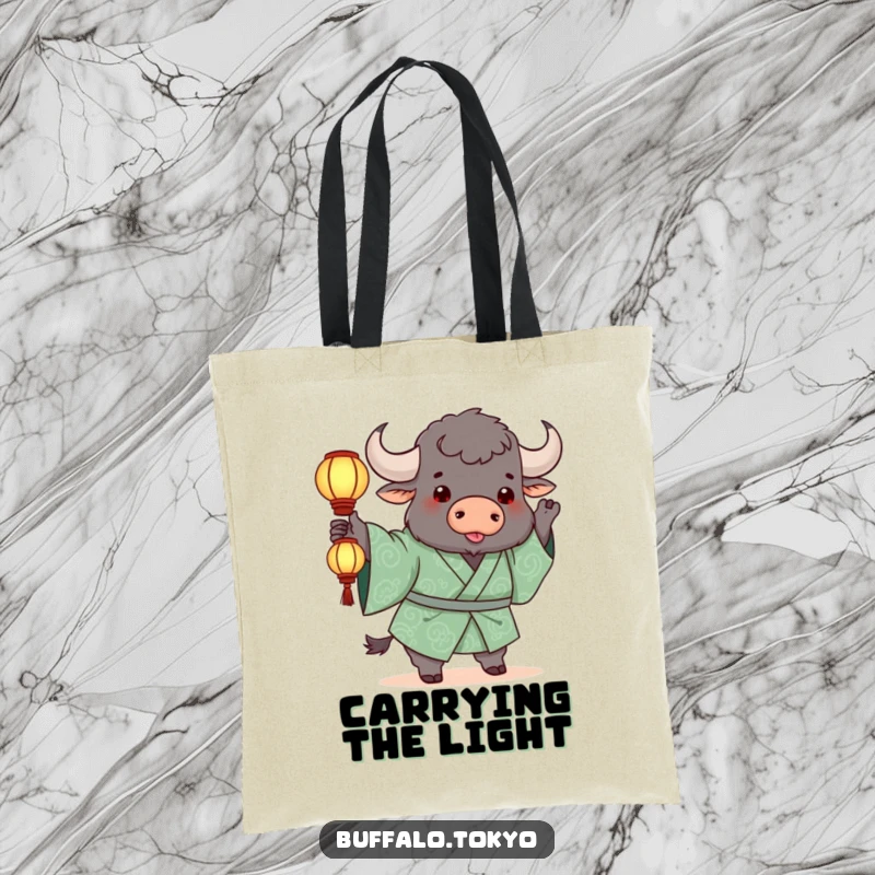 Funny Tote Bag: A chunky buffalo in a green kimono playfully tossing a small, glowing lantern.