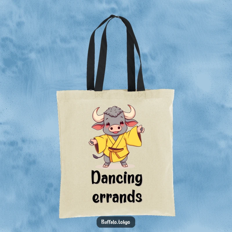 Funny Tote Bag: A cheerful buffalo in a yellow kimono with wide sleeves in a fun dance pose.