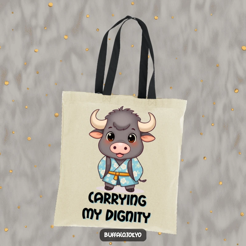 Funny Tote Bag: A stout buffalo in a blue floral kimono bowing with a serene yet comical expression.