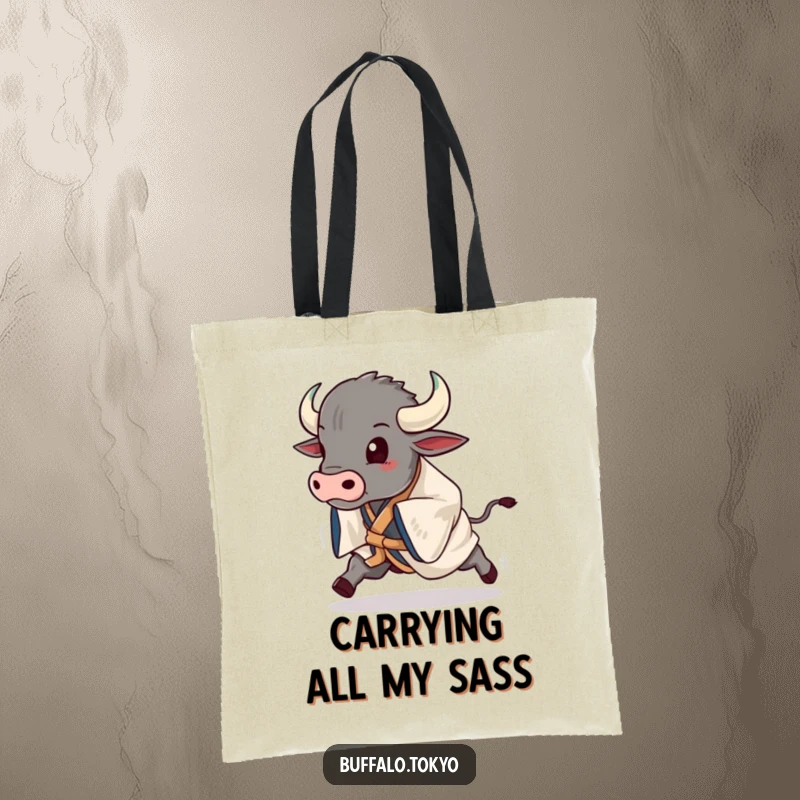 Funny buffalo in a dynamic, striking kimono pose, mid-stride, featured on a humorous and practical tote bag.