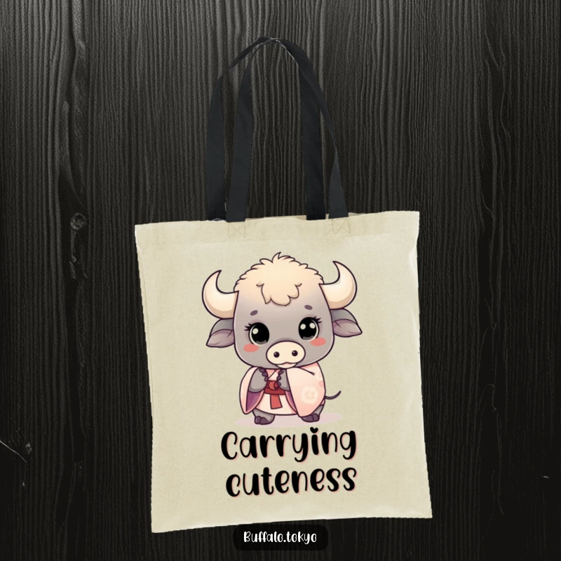 Funny kawaii buffalo tote bag, showcasing a cute buffalo with wide eyes holding a delicate kimono sleeve. Sweet and functional.